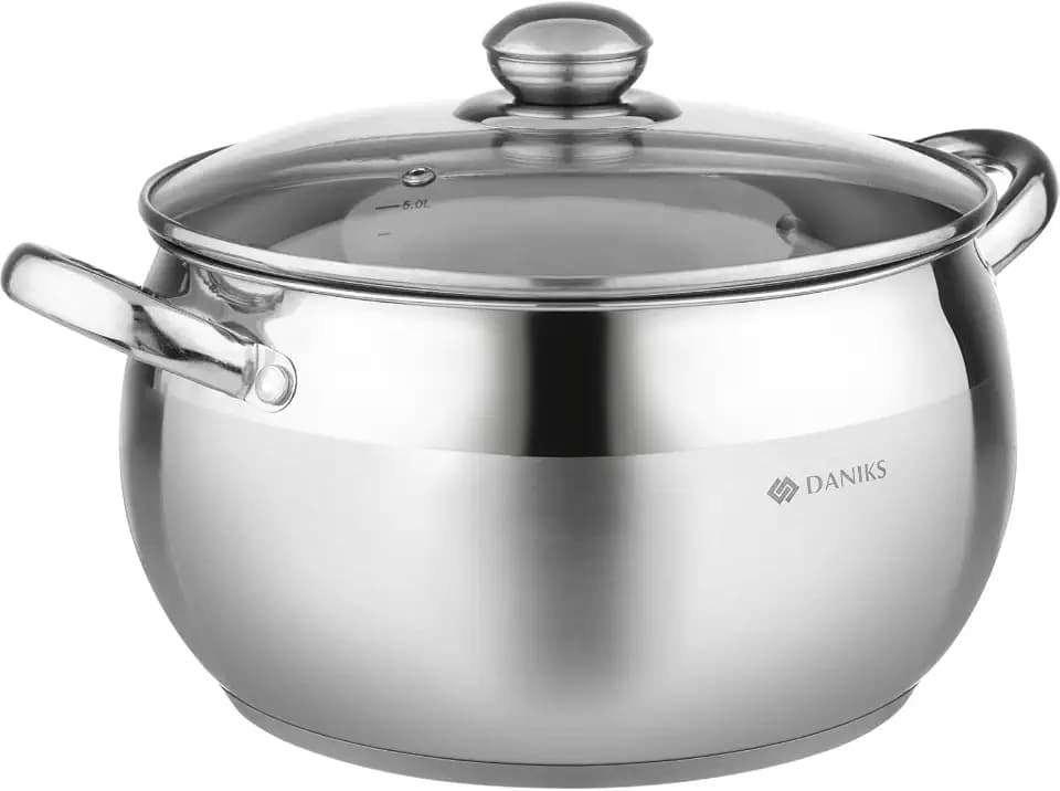 Daniks Classic 6.5 Quart Stainless Steel Stock Pot with Glass Lid, Tri-Ply Bottom for Even Heating, Induction Compatible, Dishwasher Safe