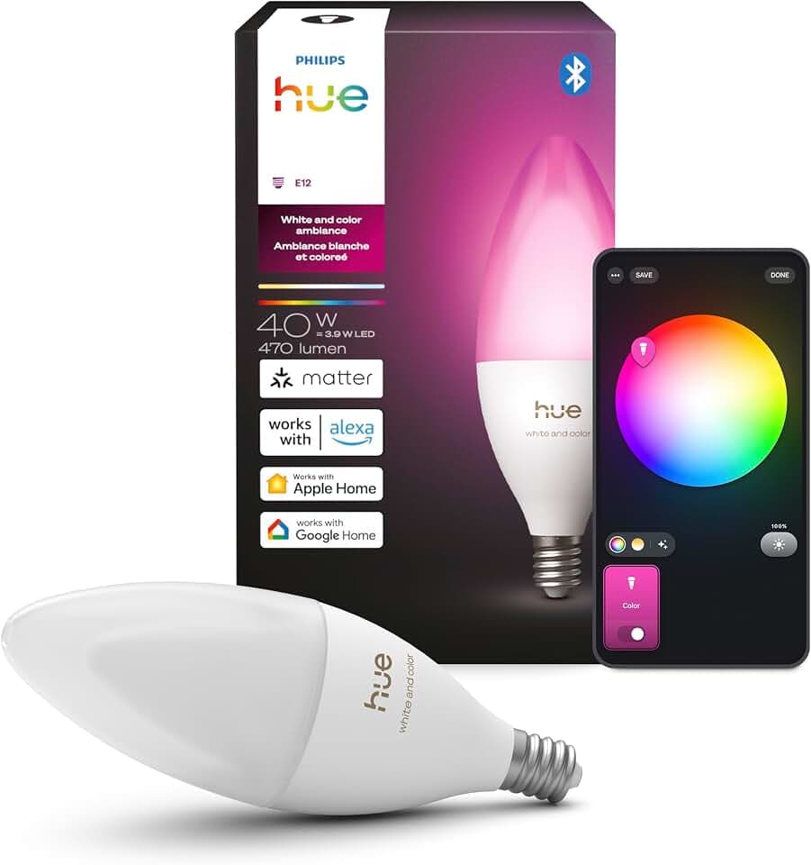 Philips Hue Smart LED Candle Bulb, B39, E12, 1 Pack, White and Color Ambiance, Full Spectrum Light 1000K-20000K, 470 lm, Ultra-Low Dimming, Chromasync, Alexa, Google Home, Apple Home