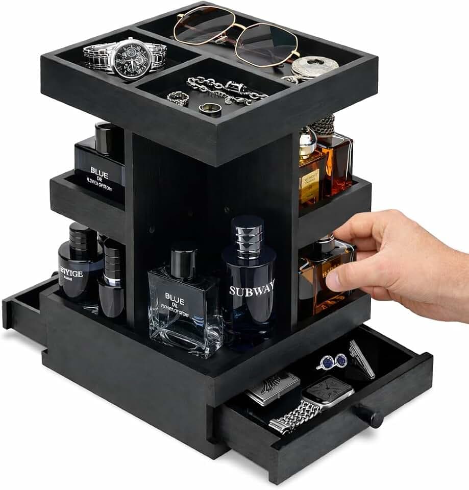 Rotating Cologne Organizer for Men – Black Wooden Perfume Stand with Dual Drawers, Multi-Tier Fragrance Display & Men's Dresser Organizer for Watches, Jewelry & Accessories