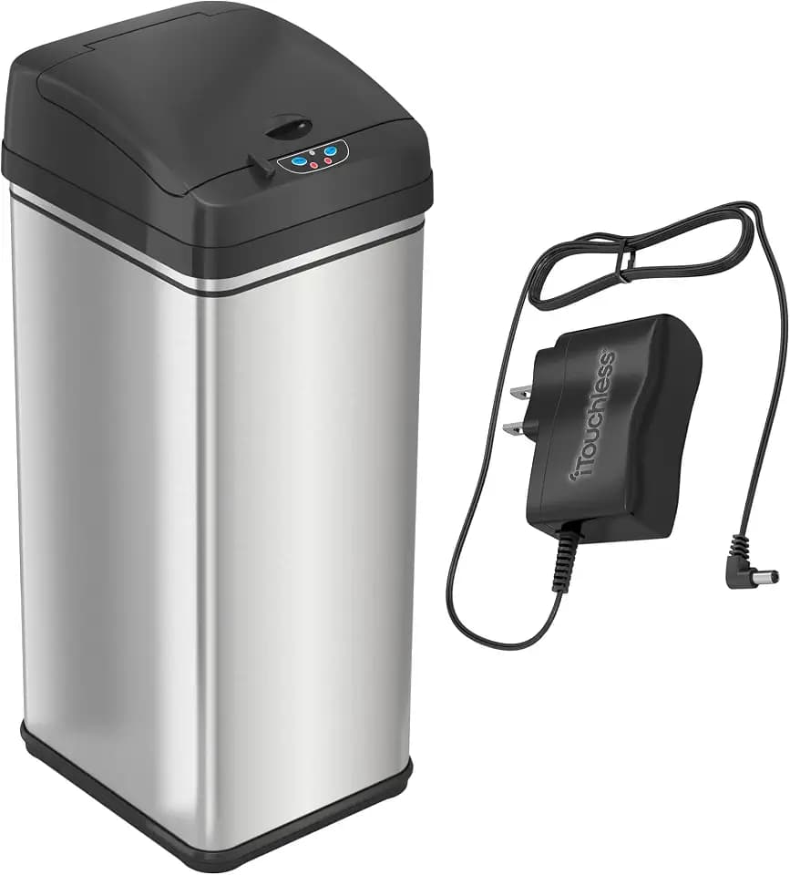 iTouchless 13 Gallon Sensor Trash Can with AC Adapter, Battery-Free Stainless Steel Automatic Bin with Odor Filter, Great for Kitchen and Office