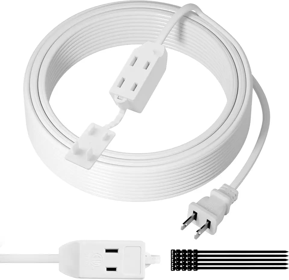 2 Prong Extension Cable 20 FT, Extra Long Power Cord with 3 Outlets, Flat Multiple Outlet Cable with Tamper Guard, ETL Listed, Outlet Saver, OFC, 16 Gauge Wire, 13A/125V, White Cable with 25 Pcs Ties