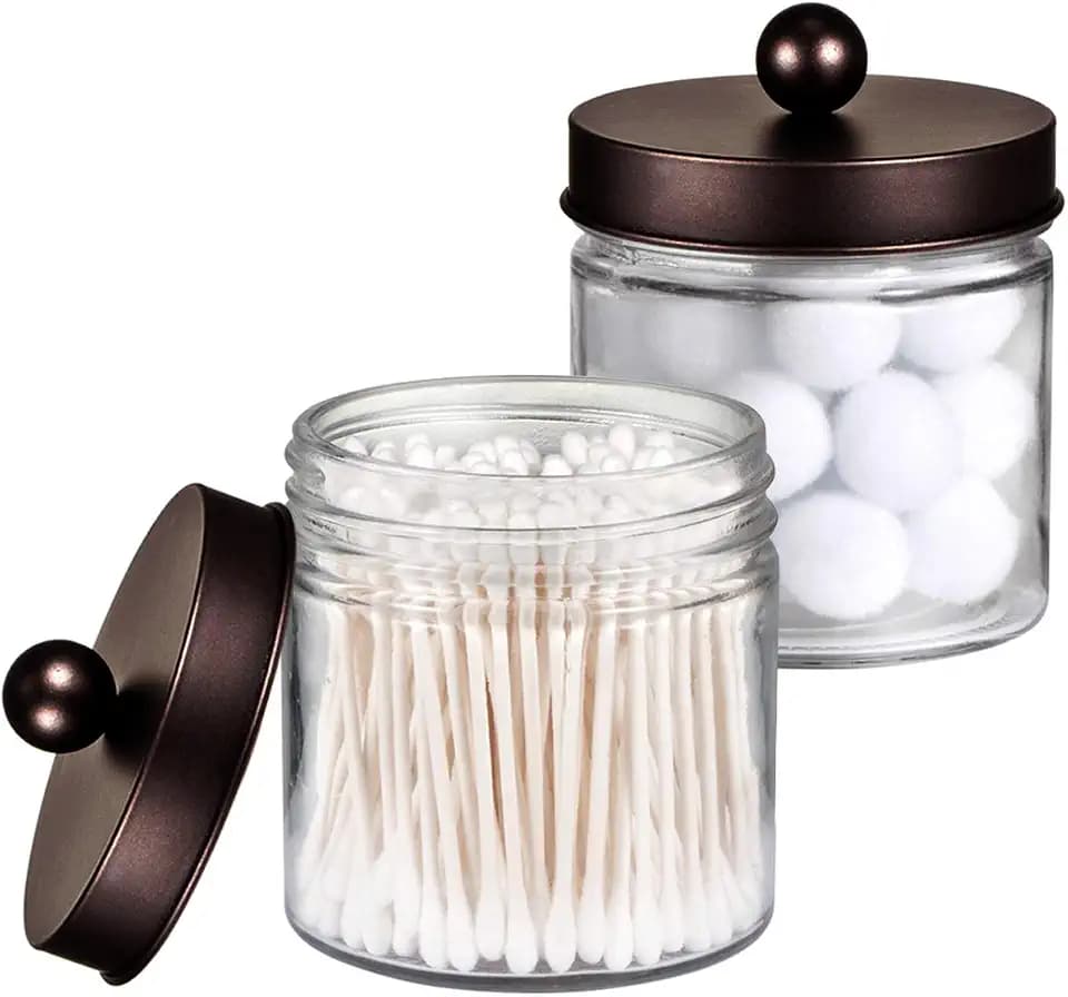 SheeChung Glass Mason Jar Qtip Holder, Bronze Stainless Steel Lids, 2 Pack