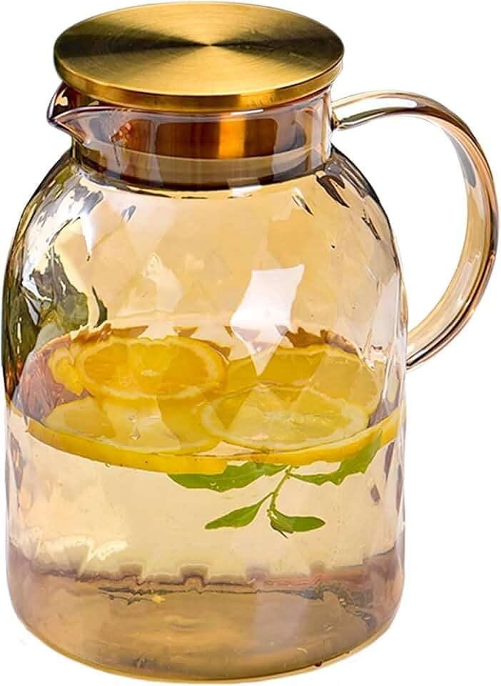 AEFPOYMXU 62oz Glass Pitcher with Lid - Amber Borosilicate Water Carafe, Heat Resistant Vintage Jug for Iced Tea, Juice, Lemonade (1.8L)