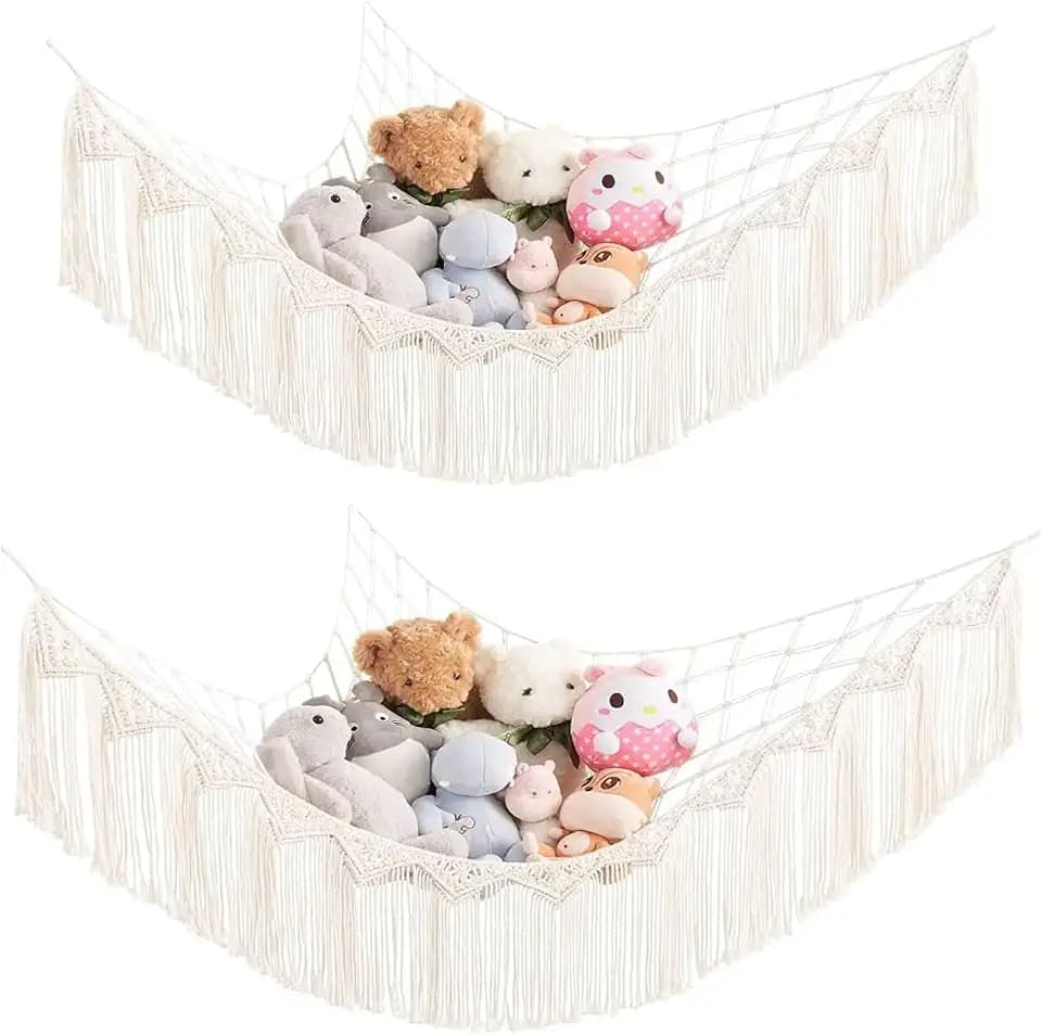 Mkono Stuffed Animal Hammock Corner Macrame Toy Storage Organizer with Tassels Boho Hanging Stuff Animals Net Large Capability Toys Display Holder for Nursery Kid Room Playroom, 2 Pieces