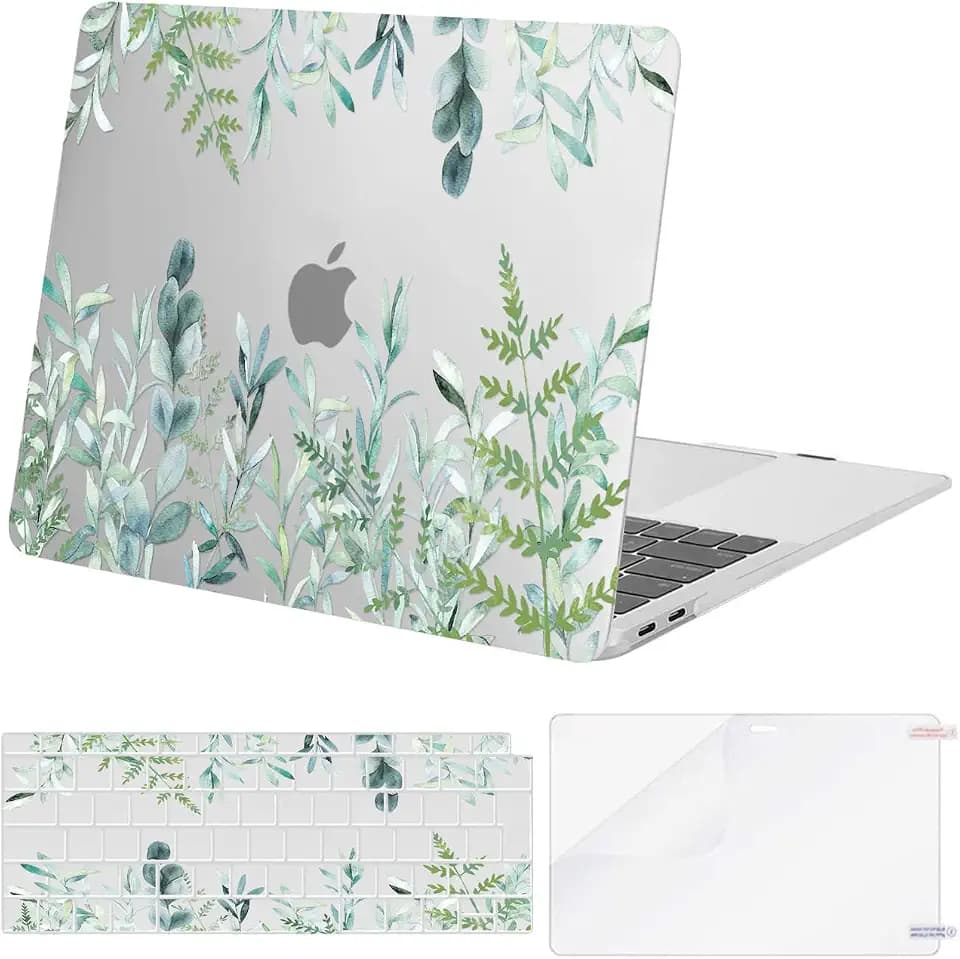 MOSISO Hülle Kompatibel mit MacBook Air 13 Zoll 2021 2020 2019 2018 A2337 M1 A2179 A1932 Retina Display mit Touch ID,Plastik Muster Hartschale&Tastaturschutz&Displayschutzfolie,Grüne Pflanzen