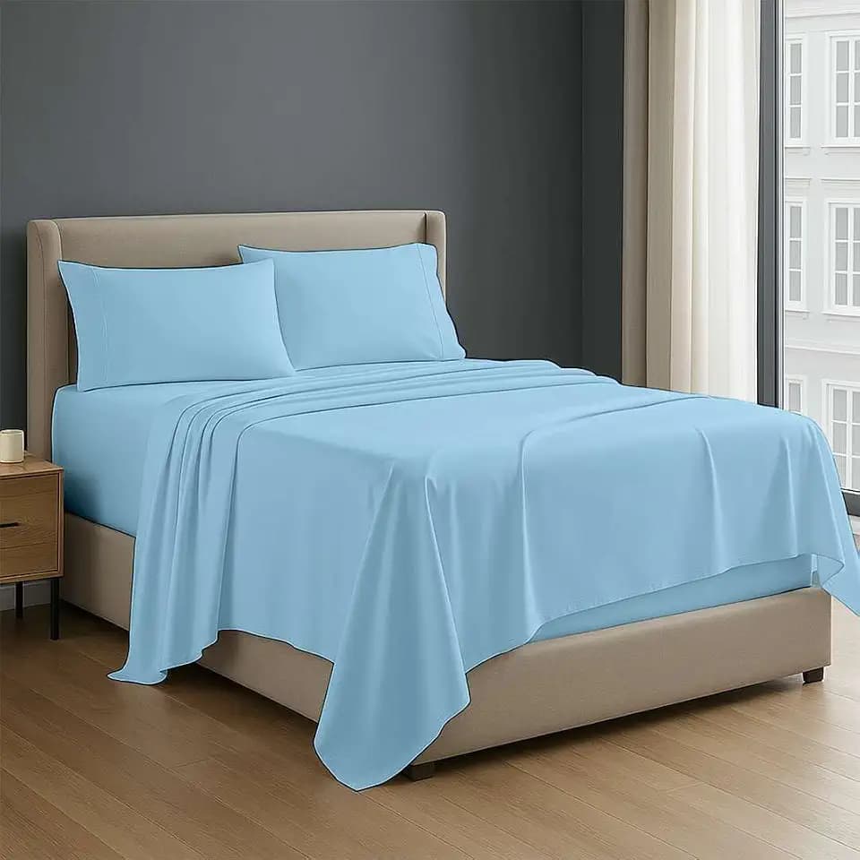NON Sticky cotton Premium 4 Piece Egyptian Cotton Fitted Full XL Sheet Set, Hotel Quality Soft Breathable Bedding Sheets, 15" Deep Pocket, 54" X 80", Light Blue Solid