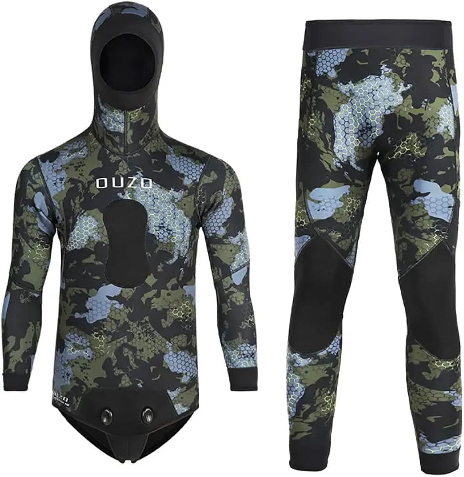 5MM Neoprene Spearfishing Wetsuit with Hooded, 2 Pieces Long Sleeve Full Body Camouflage Hunting Diving Suit for Cool Water Freediving