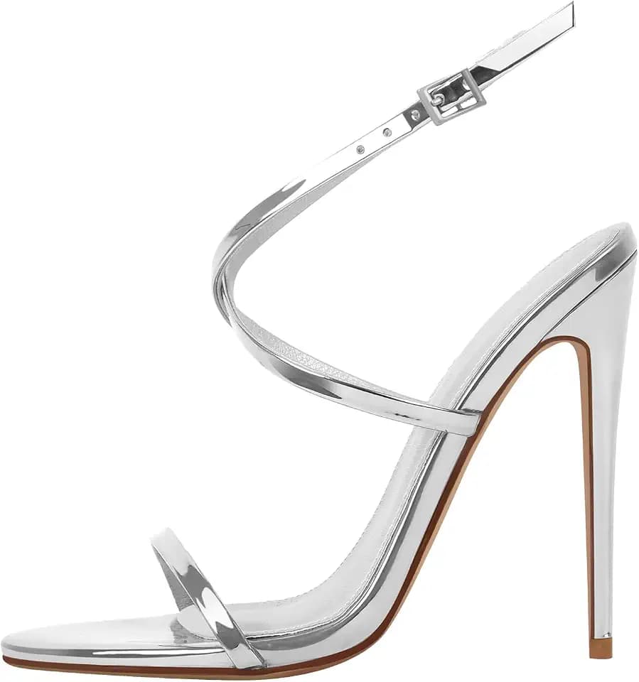Strappy High Stiletto Heels, Ankle Strap Buckle Heeled Womens Sandals, Sexy Comfort Open Round Toe Heels for Daily Party Dress