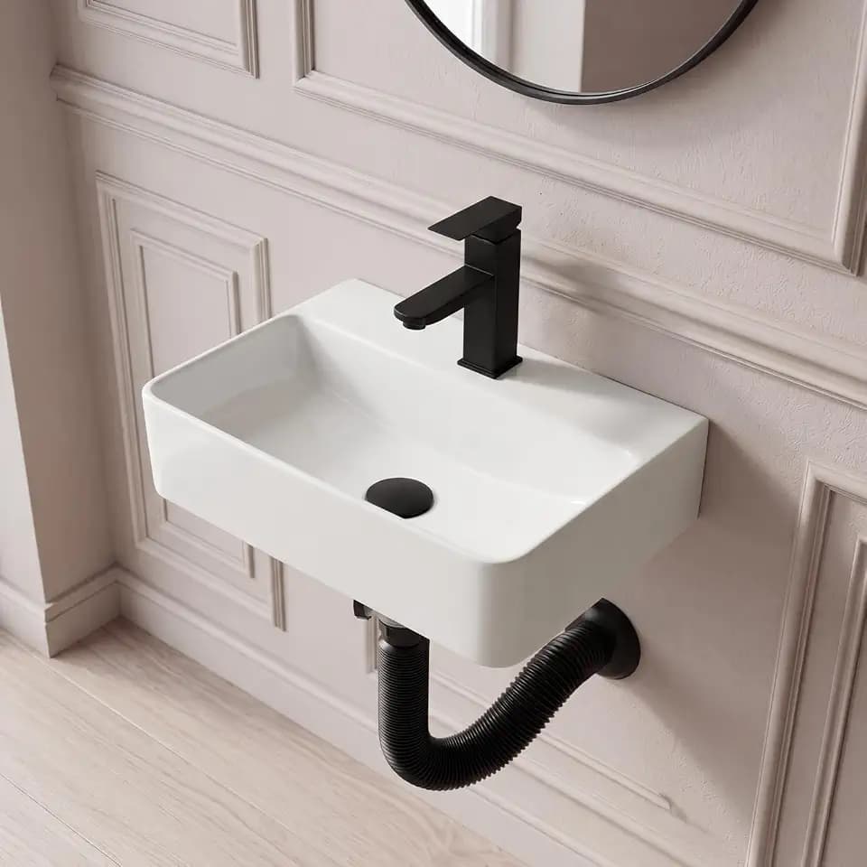 White Wall Mounted Ceramic Bathroom Sink, 14" x 10" Floating Vessel Sink