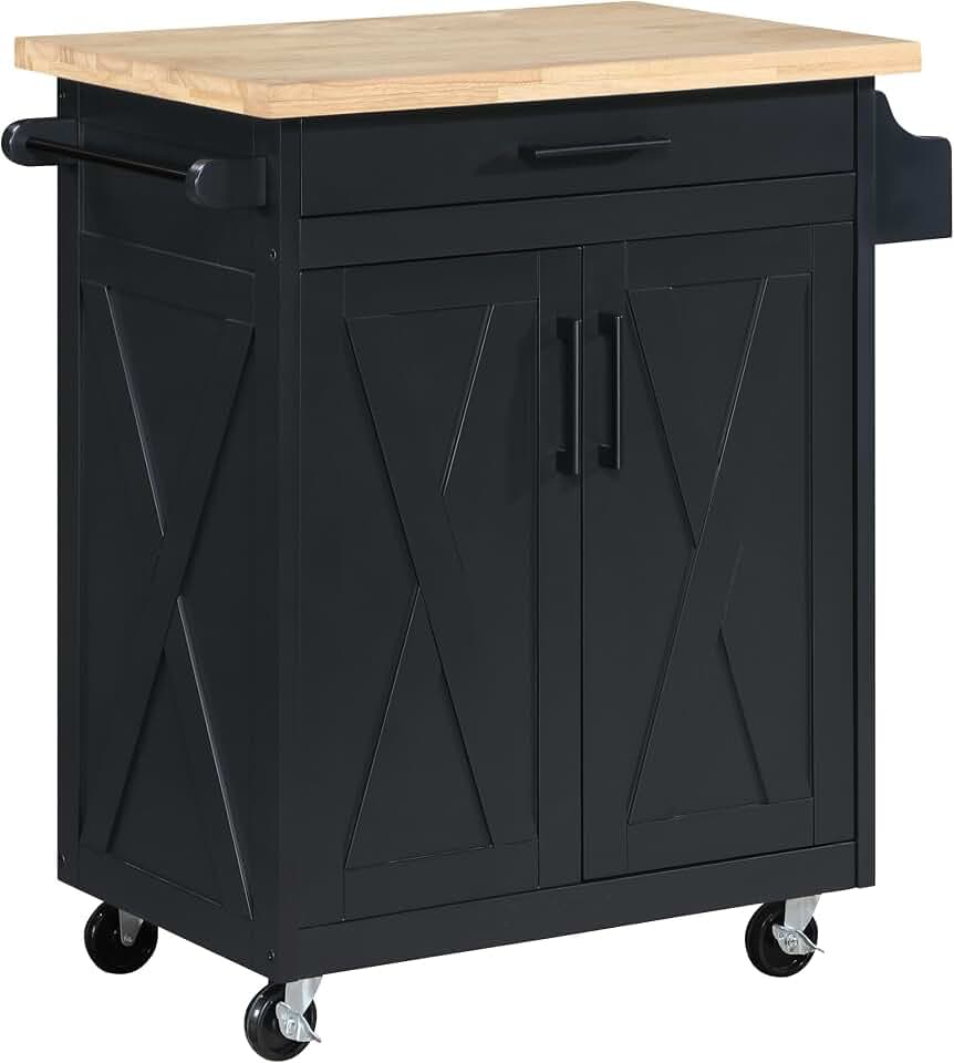 OSP Home Furnishings Bolten Farmhouse Kitchen Cart with Butcher Block Top, Rolling Island with Storage Cabinet and Drawer, 35.5H x 32W x 19D inches, Black