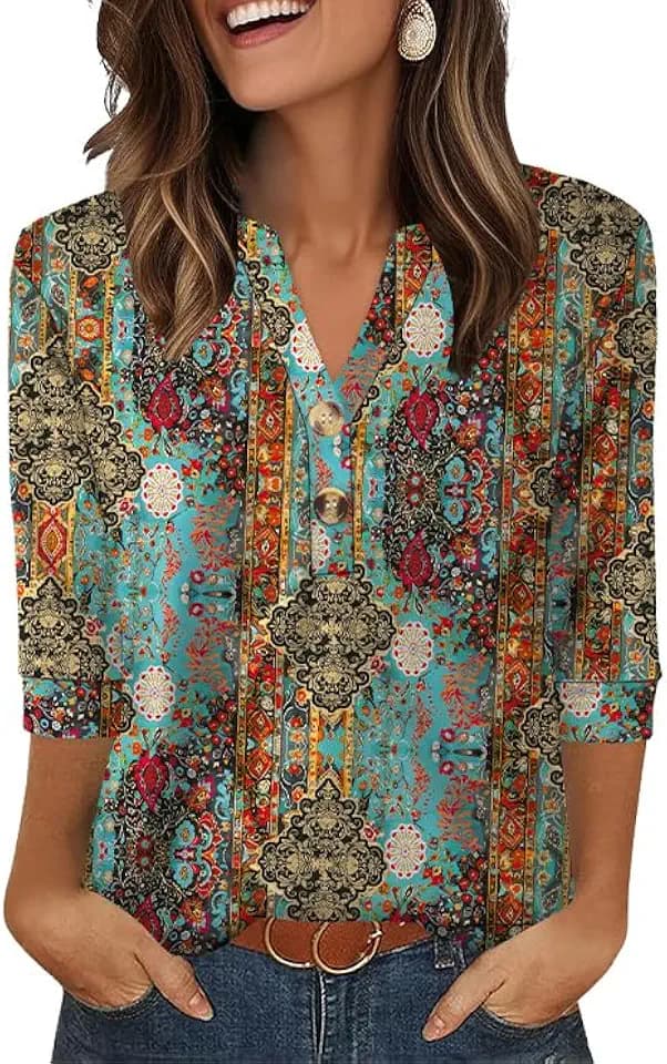 OFEEFAN Womens Tops 3/4 Sleeve Henley Shirts for Women Summer Outfits Fashion Clothing