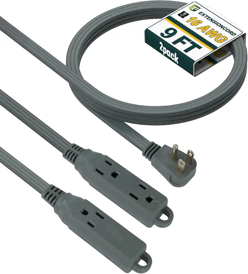 EP 9 Ft 16/3 3 Outlet Extension Cord with Flat Plug 2 Pack, Grey