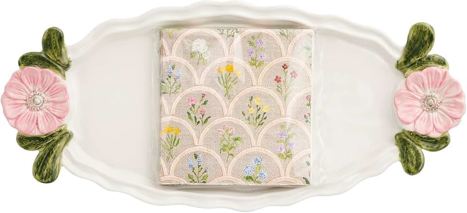 Mud Pie Stoneware Floral Handle and Napkin Hostess Set