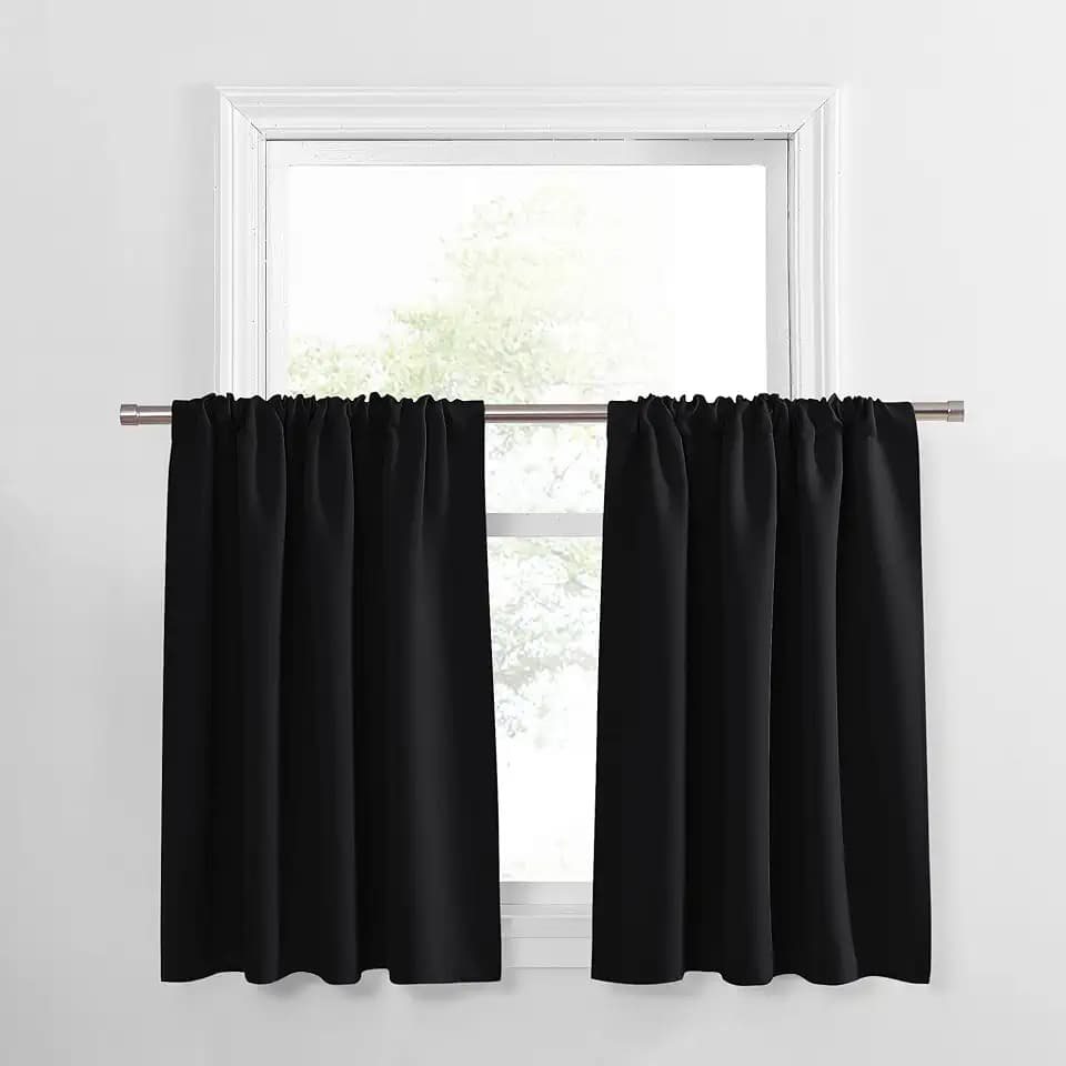 PONY DANCE Black Out Curtain Short - Window Treatment Rod Pocket Home Decor Small Panels Valances for Nursery/Bay Windows Bathroom, 42"W X 30"L, Black, 2 Pieces