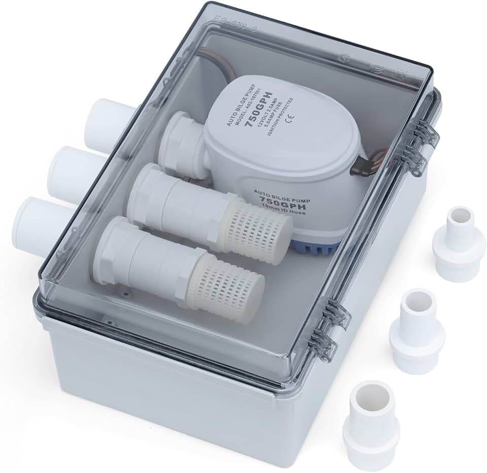 12V Automatic Shower Sump Pump Box, Zuomeng 750GPH High-Flow Drain Pump with Threaded Strainer & 3 Hose Adapters (3/4", 1", 1-1/8") for Boat Shower Water Discharge
