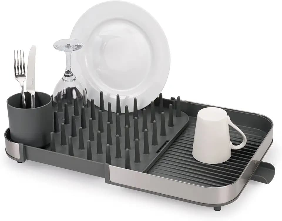 Joseph Joseph Duo Expanding Dish Drying Rack with Removable Silverware Holder, Draining Spout, Stainless Steel