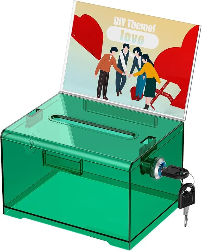 Uniclife 6.2"x 5" x 4" Clear Green Acrylic Donation Box with Lock and Slot