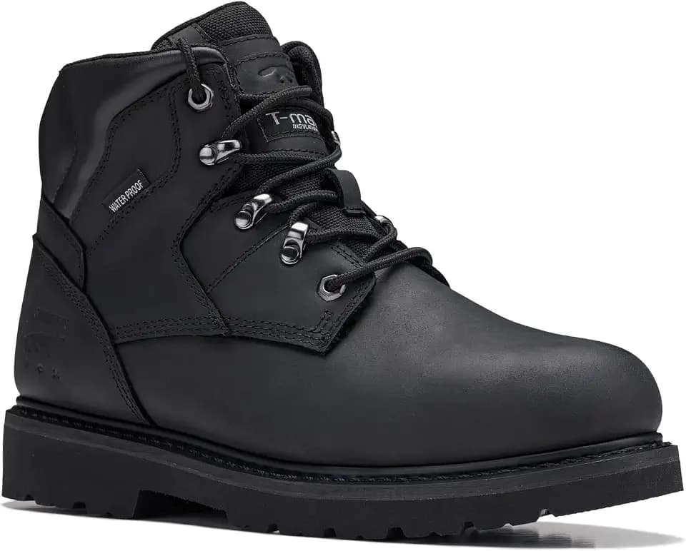Golden Fox Men’s 6” Waterproof Soft Toe Insulated Work Boots, Black Leather Plain Toe Boots with Oil Resistant Rubber Outsole & Goodyear Welt Construction