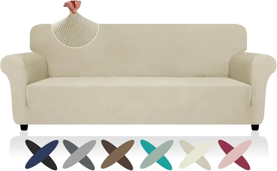 ZNSAYOTX Oversized Super Stretch Couch Cover (92"-115"), New Striped Sofa Covers Comfortable & Durable, Dog Cat Pets Friendly Extra Large Spandex Sofa Slipcovers (Khaki, XL Sofa)