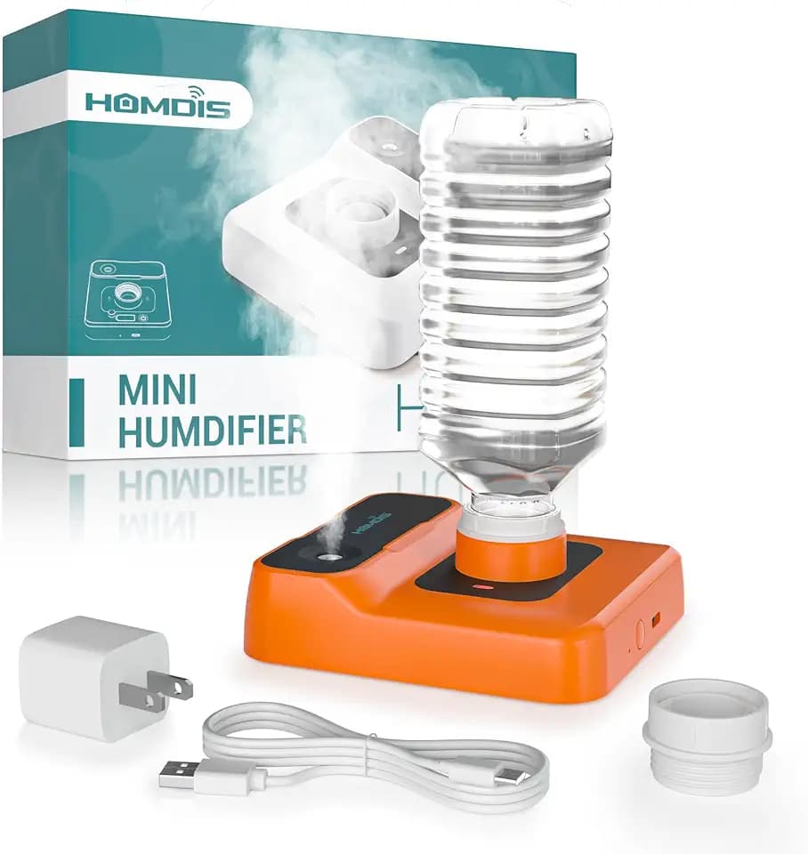 Travel Humidifier, Portable Humidifier for Plants, Bedroom, Office, Hotel or Car, Battery Operated Mini Cool Mist Humidifiers, Quiet 23dB, Auto-off, Night Light & BPA-Free, Orange-Red