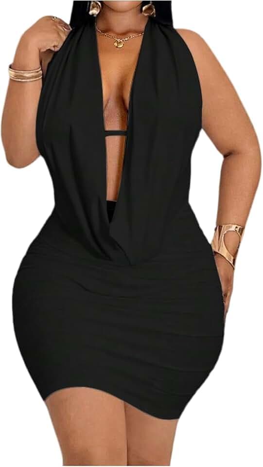 Floerns Women's Plus Size Going Out Halter Dress Deep V Cowl Neck Date Night Bodycon Mini Dresses