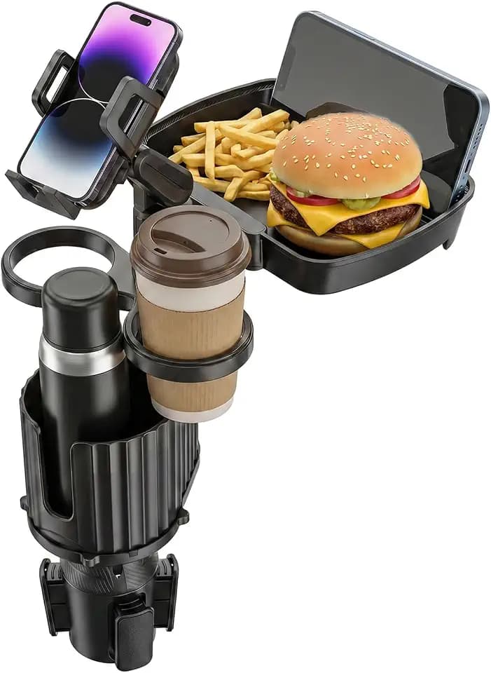 Getränkehalter Auto mit Handyhalterung - All-in-One 360° Drehbarer Allzweck Verstellbarer Auto-Getränkehalter-Expander mit Tisch Tablett, Platzsparender für Kaffee, Wasserflaschen, Tassen (Pro)