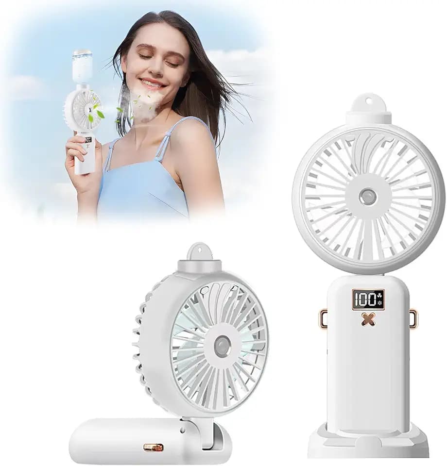 Handventilator Wasserkühlung, 5000mAh Handventilator mit Wasser USB, 5-Gang einstellbar, Taschenventilator, Faltbarer Tragbarer Mini Ventilator mit Wasser für Büro, Einkaufen, Reisen(Weiß)