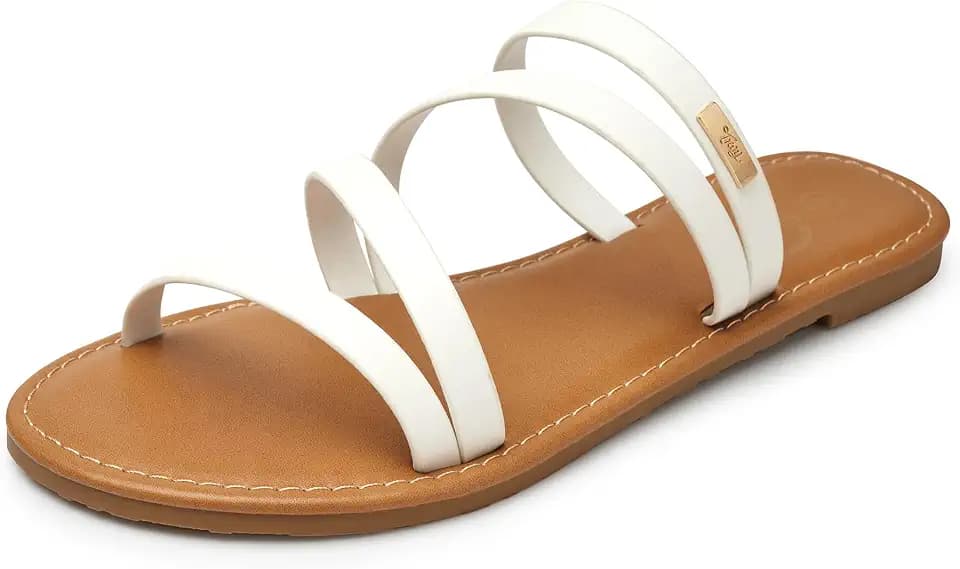 Trary Women's Flat Sandals, Round Open Toe Multi Strap Slide Sandals with Metal Accent, Strappy Dressy Summer Flip Flops Comfortable Casual Beach Shoes for Women