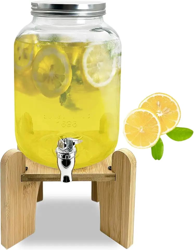Tfwadmx 1 Gallon Drink Dispenser for Parties, Beverage Dispenser With Wood Stand Lemonade Dispenser Iced Tea Pitcher Party Beverage Dispenser for Lemonade, Juice, Punch, Water, Outdoor, Daily Use