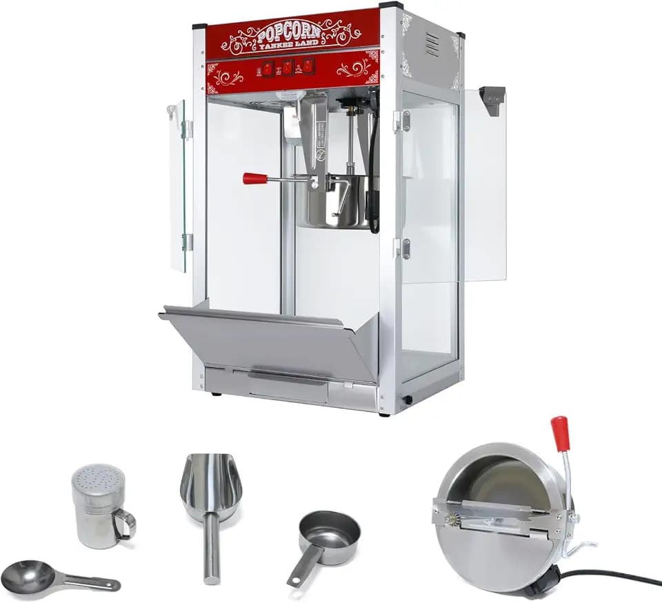 Commercial Popcorn Machine, 16 Oz Kettle, 1440 W Countertop Popcorn Maker, Theater Style Popper with 3-Switch Control Steel Frame Tempered Glass Doors 1 Scoop 2 Spoons, Red