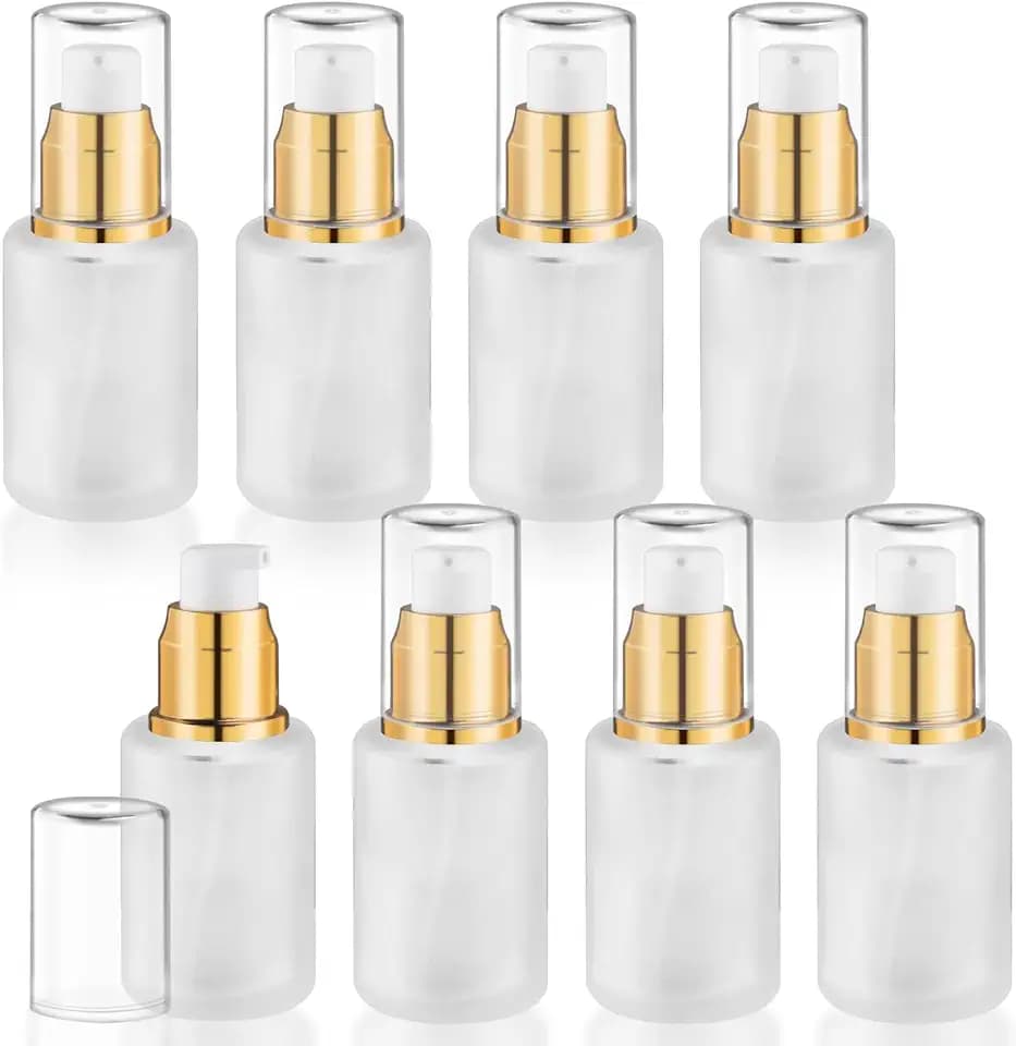 8 Pcs 30ml/1oz Frosted Glass Bottles Refillable Pump Dispenser Jar Travel Lotion Vials with Plastic Pump Head for Toiletry Liquid Foundation Cream Cosmetic Samples - Gold