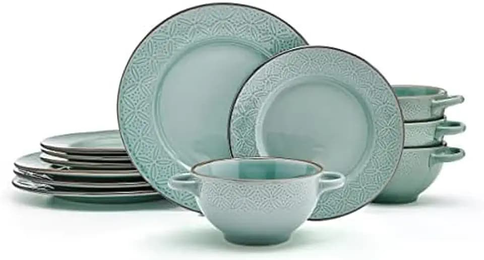 Pfaltzgraff Kori 12 Piece Dinnerware Set with Double Handled Bowl, Service for 4, Sage