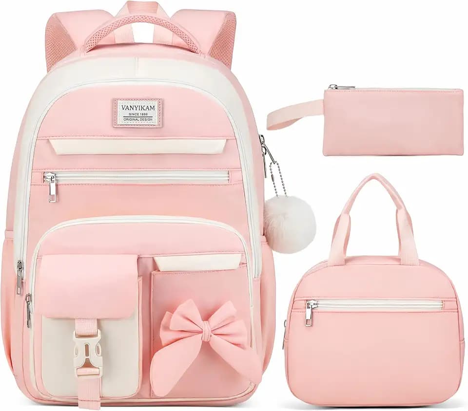 Girls Backpack for School, 3PCS Backpack with Lunch Box & Pencil Pouch for Teens Girl Kids Elementary Middle High School College Student Bookbag Laptop Daypack for Women, Pink Beige