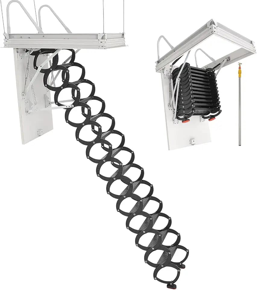 VEVOR Attic Ladder, 660LBS/299.4KG Capacity, Fits 10.5 to 11 ft Ceiling Height and 39.4 x 27.5 inch Opening Size, Alloy Steel Pull-Down Retractable Ceiling Stair with Pulling Rod for Attic Loft Roof