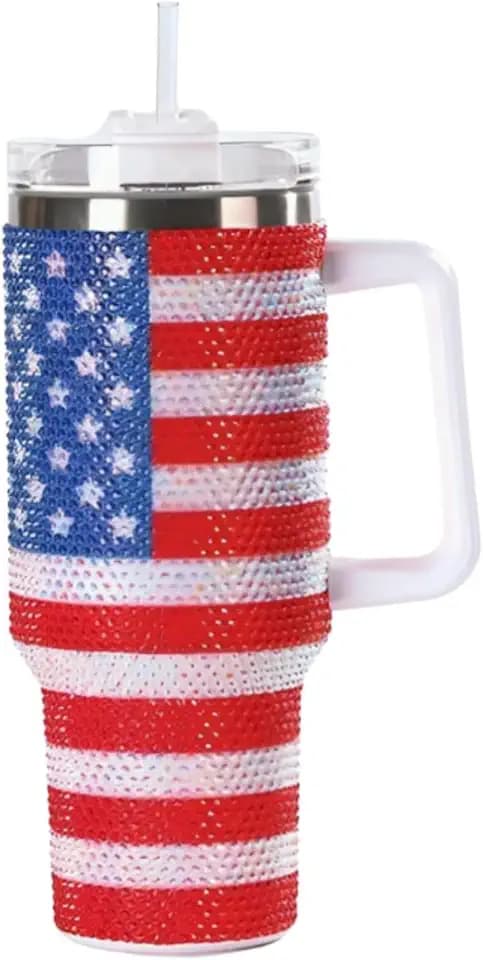 Lashicorn Patriotic American Flag Fireworks Rhinestone Tumbler 40 oz with Handle Lid and Straw Bling 4th of July Cups Simply Drunk Tumbler Boot Modern