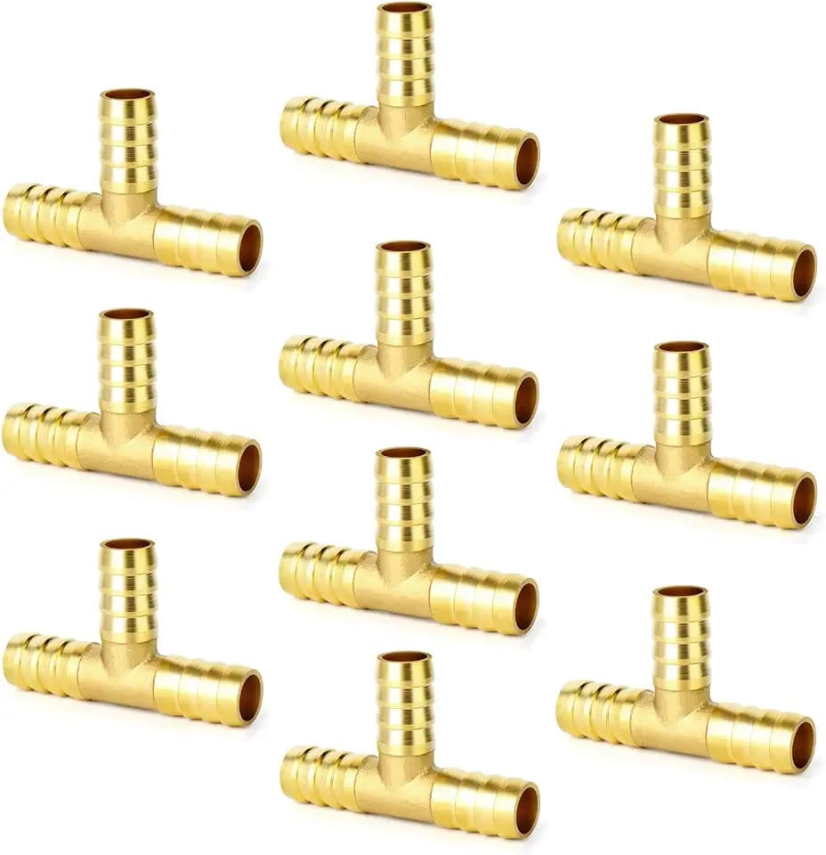 GASHER 10 Pieces Brass Hose Barb Tee, 3-Way Tee Hose Fitting (1/4" x 1/4" x 1/4" Hose Barb)