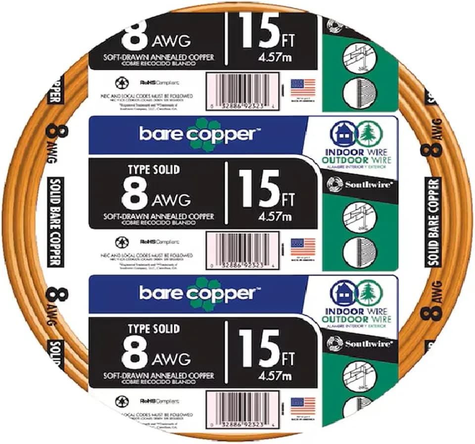 Southwire 8-Gauge Bare Copper Wire – Solid Soft‑Drawn Uninsulated Copper Conductor for Grounding & Electrical Applications, 15ft