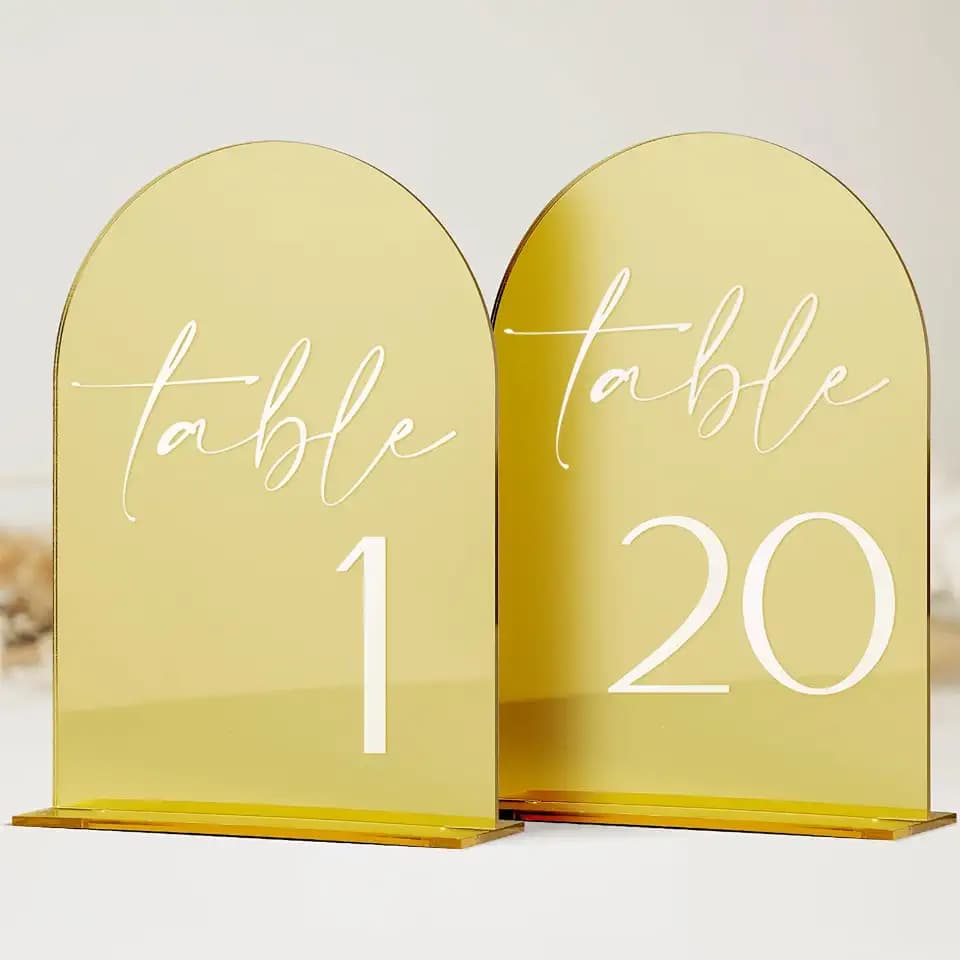 HOODO Gold Mirror Wedding Table Numbers 1-20 with Stands, 5"x7" Mirrored Acrylic Sign and Holders, Gold Acrylic Arch Table Numbers for Wedding Reception, Party, Anniversary, Event