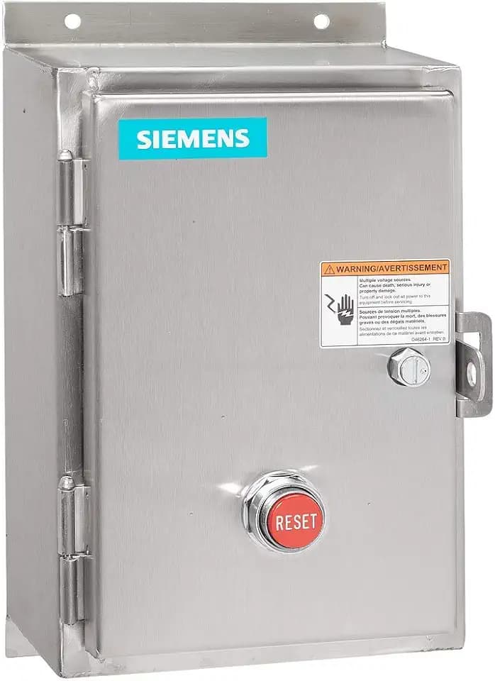 Siemens 14DUE32WA Heavy Duty Motor Starter, Solid State Overload, Auto/Manual Reset, Open Type, NEMA 4/4X Stainless Steel Watertight Enclosure, 3 Phase, 3 Pole, 1 NEMA Size, 10–40A Amp Range, A1 Frame Size, 110-120/220-240 at 60Hz Coil Voltage