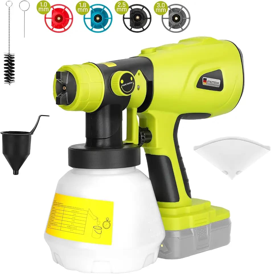 DTEZTECH Paint Sprayer for Ryobi ONE+ 18V Battery((No Battery), 200W HVLP Cordless Handheld Spray Gun Brushless Motor, with Copper Nozzle, Adjustable Flow for Walls, Fences, Furniture, Cabinets