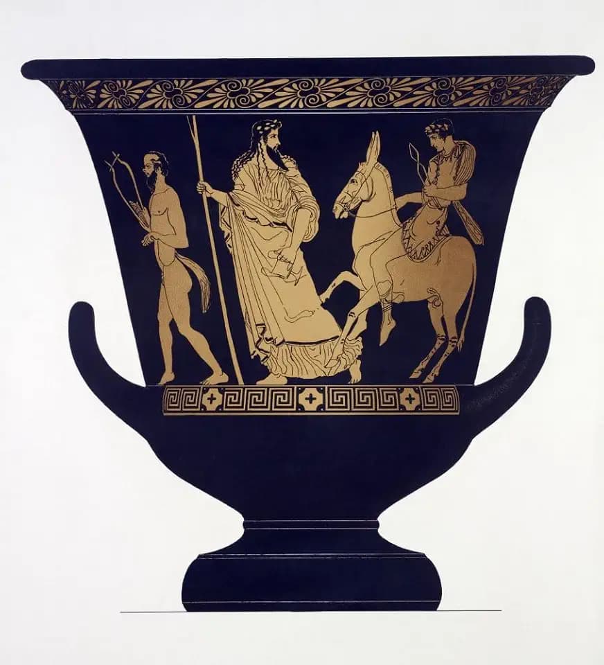 Greek vase. Dionysus the God of Wine and Hephaistus the God of Fire led by a man with a lyre. After a work by 19th century German Greek vases scholar Albert Genick. Poster Print by Ken Welsh (14 x 16)