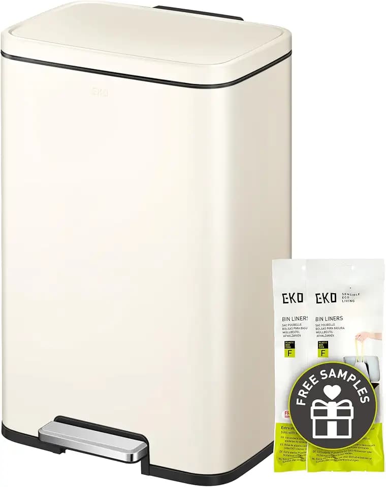 EKO Madison Vanilla Stainless Steel 13.2 Gal/50L Kitchen Step Trash Can or Recycling Bin, Removable Inner Liner, Soft Close Lid, Fingerprint Resistant Finish