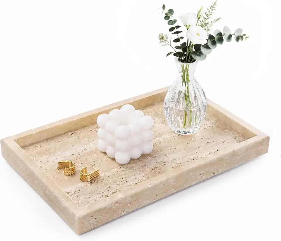 Marble Bathroom Tray for Countertop & Home Decor, Natural Decorative Marble Tray for Jewelry & Perfume Organizer, Stone Vanity Trays for Dresser, Kitchen Counter, 12" x 8", Beige Travertine