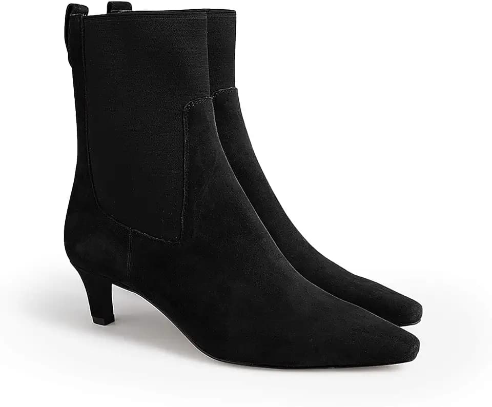Coutgo Womens Ankle Boots Low Kitten Heel Pointed Toe Slip On Elastic Dressy Fall Winter Booties Shoes