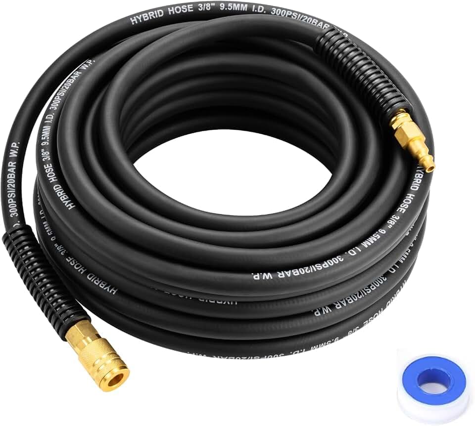 Air Compressor Hose 3/8 Inch x 25 FT, Hybrid Air Hose, Heavy Duty Lightweight Flexible Air Hose, Kink Resistant, All Weather Performance, 1/4" Industrial Quick Connect Coupler & Plug, 300 PSI, Black