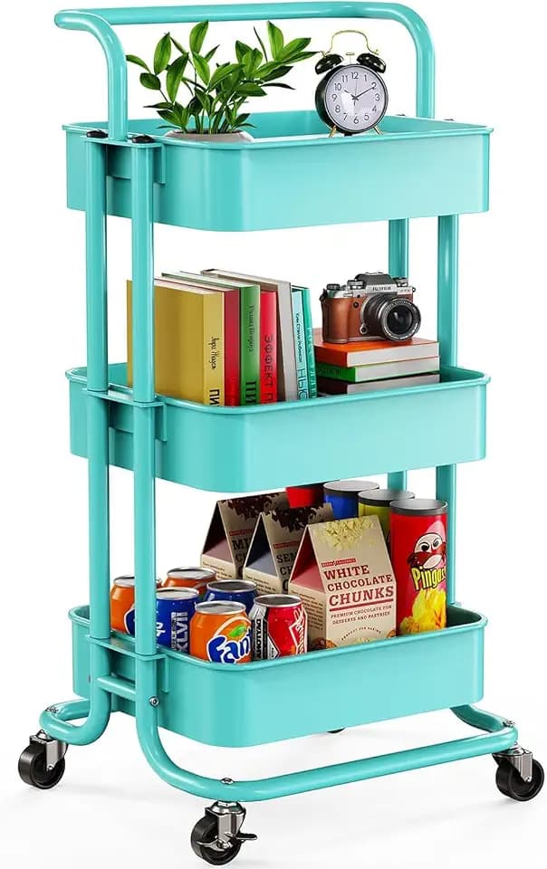 Pipishell Metal 3 Tier Rolling Cart with Handle & Wheels, Turquoise