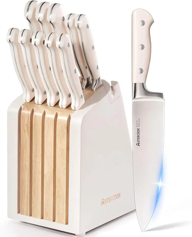 Knife Set,Astercook Kitchen Knife Set with Block 12-Piece Full Tang Stainless Steel Knives with Sharpener Dishwasher Safe and Anti-Slip Ergonomic Handle Elegant Cream White Utensils Set