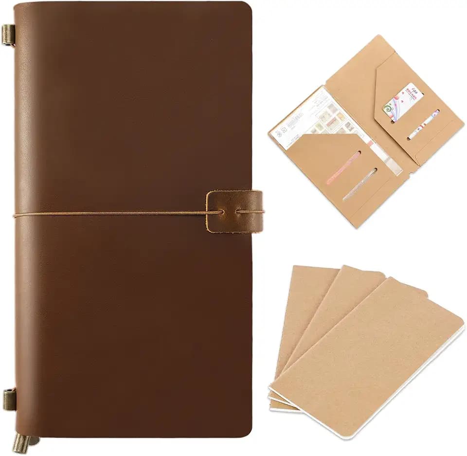 Refillable Leather Travelers Notebook, 8.6 x 4.7 Travel Diary for Men and Women, Genuine Leather Travel Journal with 3 Inserts Regular Travel Notebook for Writing, Sketching & Planning, Standard Size, Dark Brown