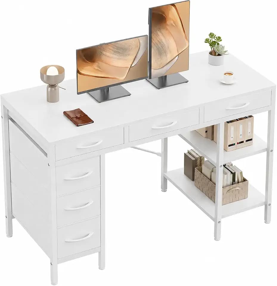 Simple Deluxe Computer Desk with 6 Drawers, 47 Inch Office Workstation with Storage Shelves, Reversible Corner Gaming Table, Home Office Study Desk with Fabric Organizer, White