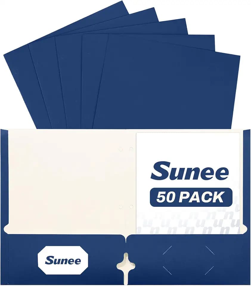 SUNEE Two Pocket Folders, 50 Pack File Folders with Business Card Slot, Textured Paper, Fit Letter Size Paper, Paper File Folder for School Office Home Business, Navy Blue